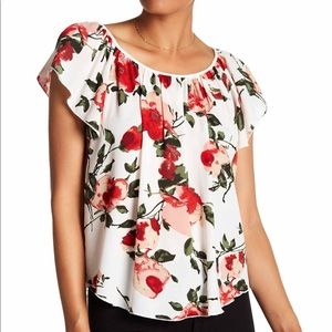 Flutter sleeve red flowers blouse NWT